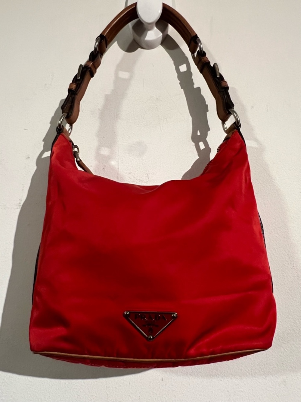 Prada Red Nylon Shoulder Bag with Brown Leather Handle